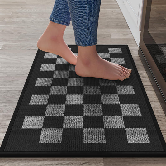 YDKGL Kitchen Mats For Floor, Soft Anti Fatigue Super Absorbent Kitchen Rugs Non Slip Washable, Linen-Look Woven Cushion Kitchen Runner Rug, Kitchen Sink Mat Standing Mat, Black Gray Checkered 17"x30"