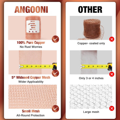 Angooni Copper Mesh,Pure Copper Wire Mesh 5in x 50ft Premium Copper Mesh Ideal for Hole Blocking, Rustproof Pure Copper Mesh Roll