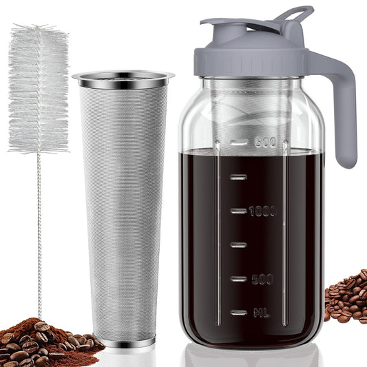 Cold Brew Coffee Maker Jar - 64oz Thick Glass Multipurpose Mason Pitcher Spout Lid with Handle & Stainless Steel Filter for Iced Brew Coffee, Lemonade, Ice Tea, Homemade Fruit Drinks Container