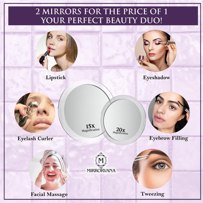 15X & 20X Magnifying Mirror Set - Two Round Circle Magnifying Make Up Mirrors with Suction Cups - Compact & Portable for Travel - 15cm & 10cm