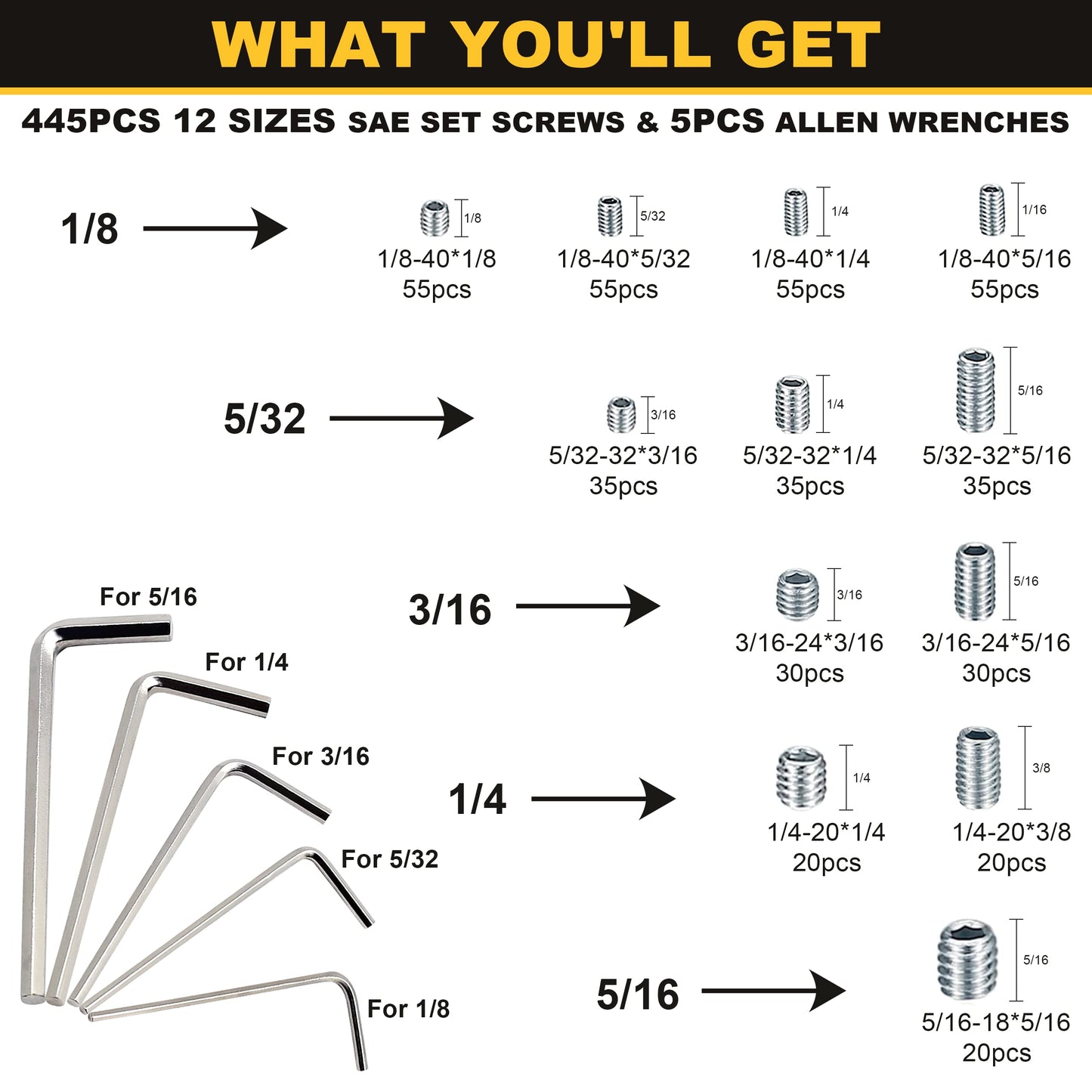 Siptenk Set Screws Assortment Kit Metric & SAE 901PCS, 304 Stainless Steel Threaded Inserts Hex Allen Head Socket Set Screw for Bathroom Fixtures Door Handles M3-M8 1/8-40 to 5/16-18