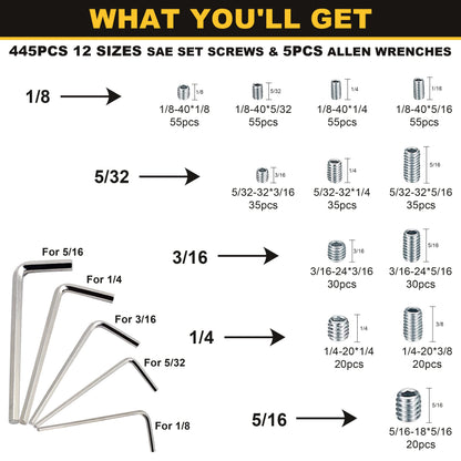 Siptenk Set Screws Assortment Kit Metric & SAE 901PCS, 304 Stainless Steel Threaded Inserts Hex Allen Head Socket Set Screw for Bathroom Fixtures Door Handles M3-M8 1/8-40 to 5/16-18
