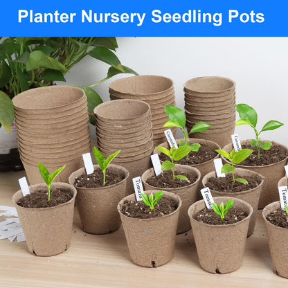 130 Pcs Peat Pots 8 cm, Seed Starting Pot with Drainage Holes, 3.15 Inch Round Seedling Nursery Box, Small Seed Starting Starter Tray Bulk, Garden Germination Container with Bonus 130 Plant Labels