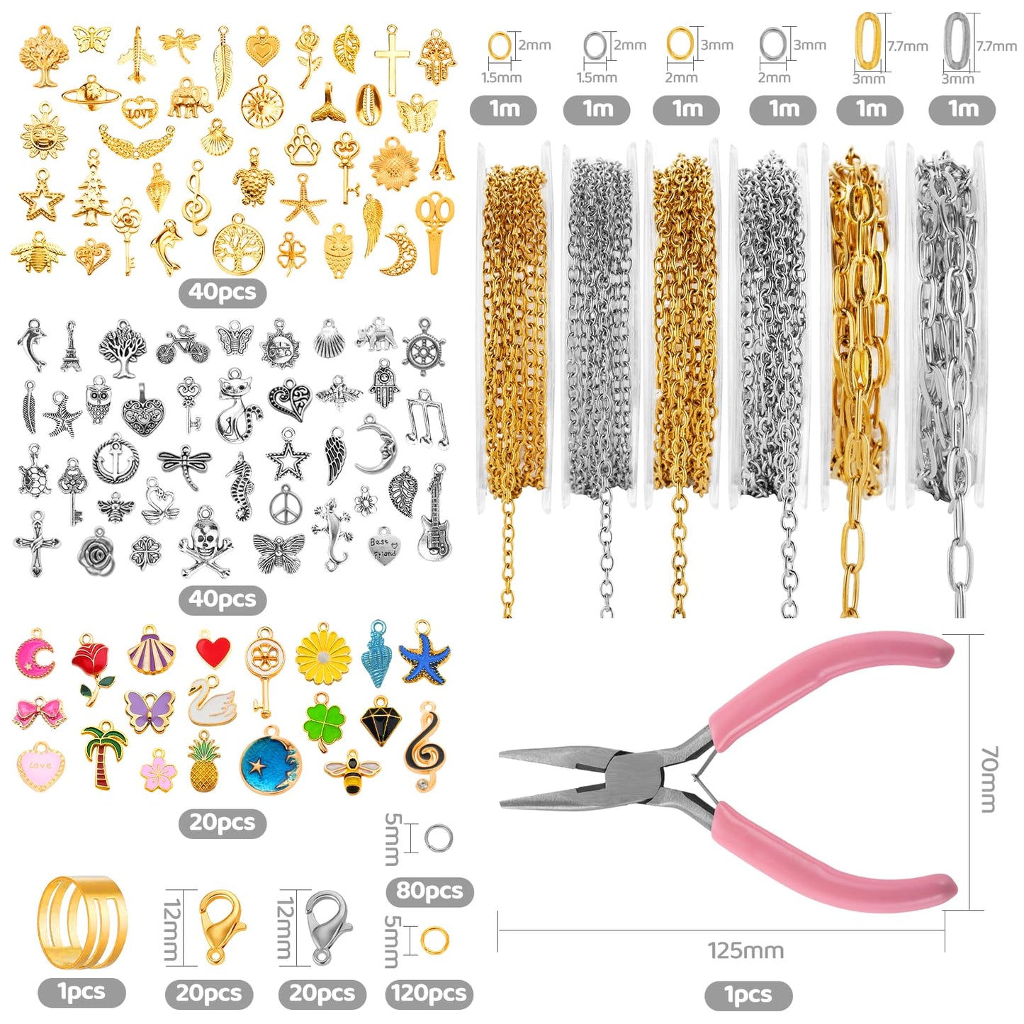 Zefy 18K Gold Silver Chain for Jewelry Making, 19.7ft 6 Rolls Stainless Steel Chains Bulk with 348 Pcs Charms, Jump Rings Lobster Clasps Set for DIY Bracelet Necklace Crafts