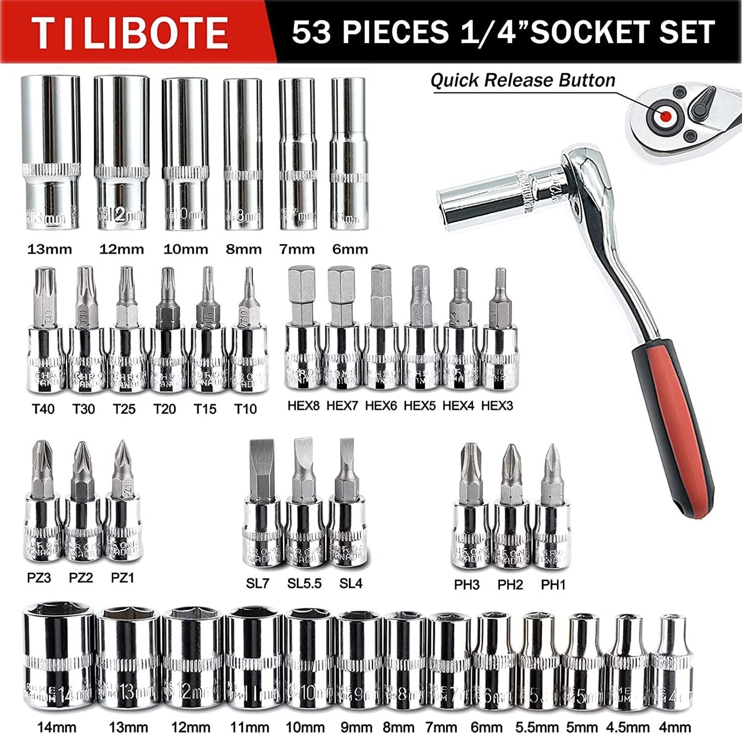 TILIBOTE Socket Wrench Set, 53PCS 1/4 Inch Ratcheting Wrench Set and Extension Bar Gimbal Slide Bar Extension Sockets, Set for Automotive Repair and Home Use.