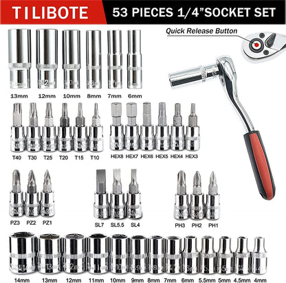 TILIBOTE Socket Wrench Set, 53PCS 1/4 Inch Ratcheting Wrench Set and Extension Bar Gimbal Slide Bar Extension Sockets, Set for Automotive Repair and Home Use.