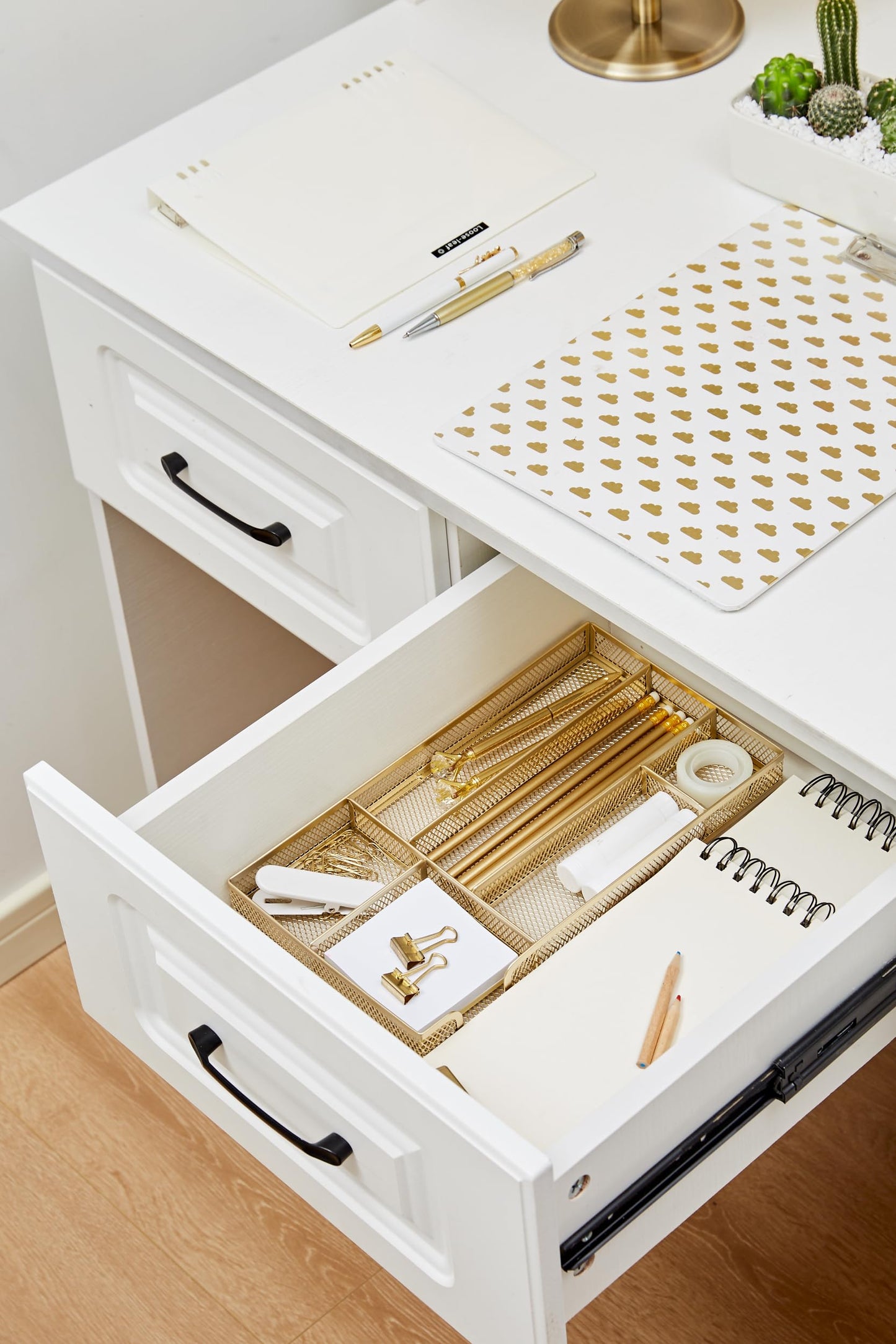 Annova Desk Drawer Organizer Tray for Office Organization - Metal Mesh - Storage Tray with Dividers for Pens, Desktop Accessories, Bathroom, Kitchen, Makeup and Office Supplies (Gold)
