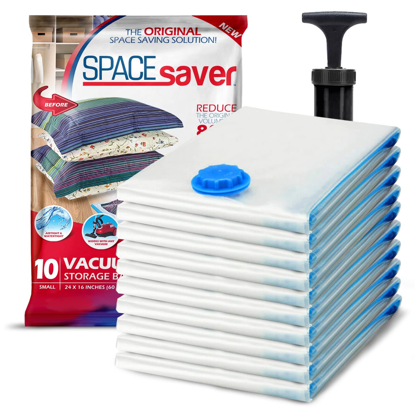 Spacesaver Vacuum Storage Bags Small 10-Pack - Vacuum Seal Bags for Clothing, Comforters, Blankets, and Bedding - 60 x 40 cm Space Saver Bags for Travel and Home Organization with Hand Pump Included