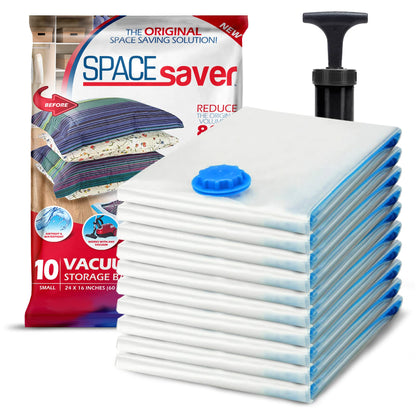 Spacesaver Vacuum Storage Bags Small 10-Pack - Vacuum Seal Bags for Clothing, Comforters, Blankets, and Bedding - 60 x 40 cm Space Saver Bags for Travel and Home Organization with Hand Pump Included