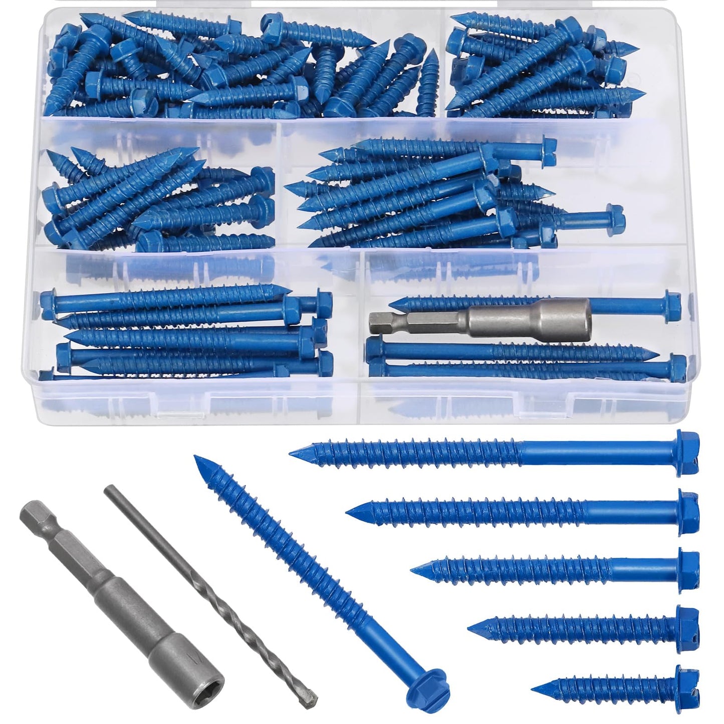 Mardatt 102Pcs 1/4” 5 Sizes Concrete Screws, Slotted Hex Washer Head Concrete Screws Anchor with Drill Bit and Hex Bit Socket, Self Tapping Masonry Screws for Anchoring to Masonry Block Brick Stucco