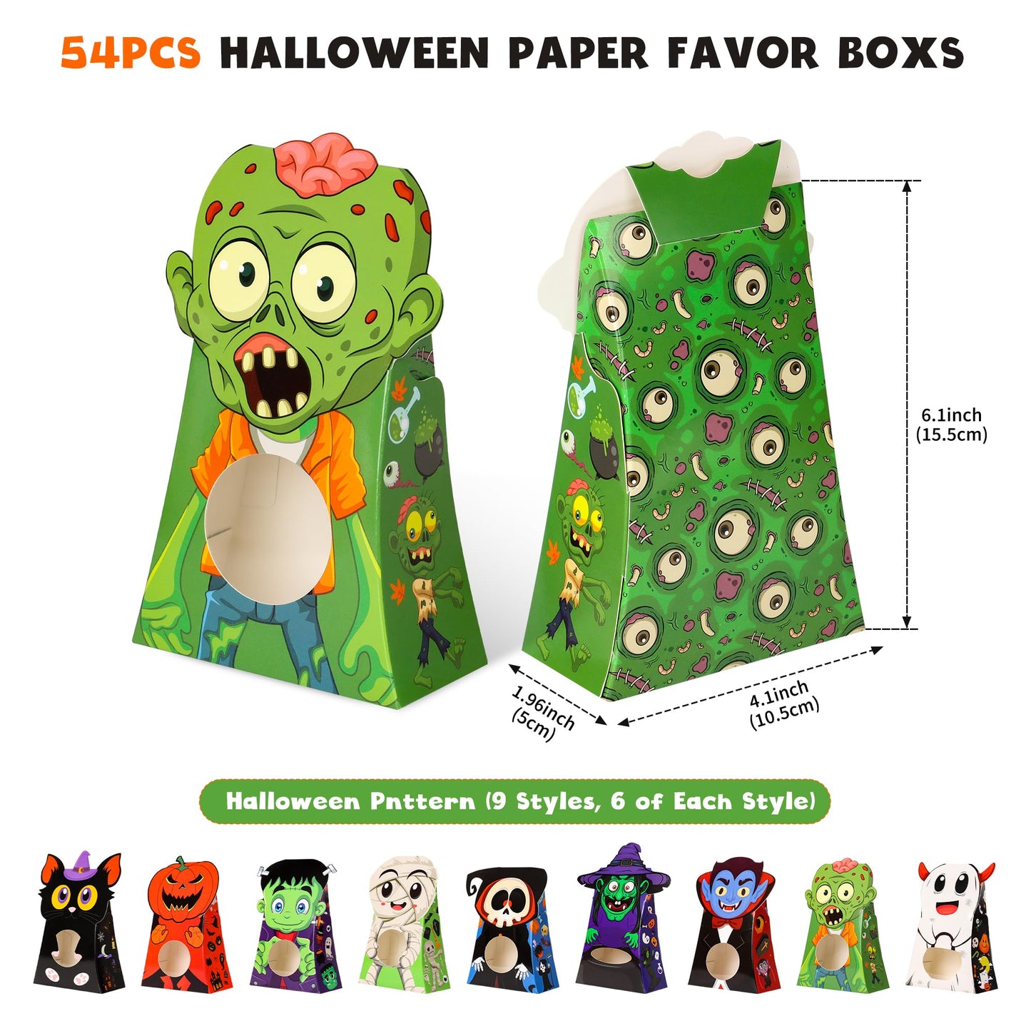 Giiffu Halloween Treat Boxes – 54 Bulk Candy Goodie Bags for Kids with Clear Window, 9 Cute Designs for Party Favourites, Classroom Exchange & Trick-or-Treating