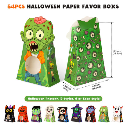 Giiffu Halloween Treat Boxes – 54 Bulk Candy Goodie Bags for Kids with Clear Window, 9 Cute Designs for Party Favourites, Classroom Exchange & Trick-or-Treating