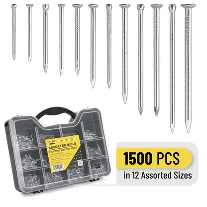 Mr. Pen Nail Assortment Kit, 1500 Pcs, Assorted 12 Sizes Brad Head and Flat Head Zinc-Galvanized Nails, Suitable for General Repairs and Hanging Pictures