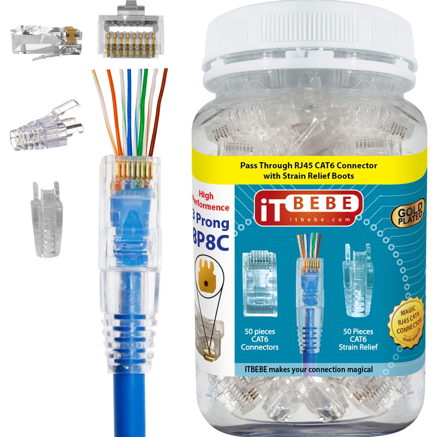 ITBEBE Gold Plated RJ45 Cat6 Pass Through Connectors (50) + Strain Relief Boots (50) – 8P8C UTP RJ45 Plug Ends for 24AWG Ethernet Cables, Easy Crimp, Network Connector Kit