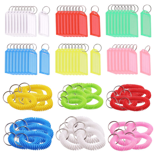 Swpeet 78Pcs 6 Colors Duarble Plastic Key Tags with Flap Label and Spiral Stretchy Wristband Keychain Bracelet Assortment Kit, Split Ring Colored Identifier ID Keychain Tag for Outdoor, Gym