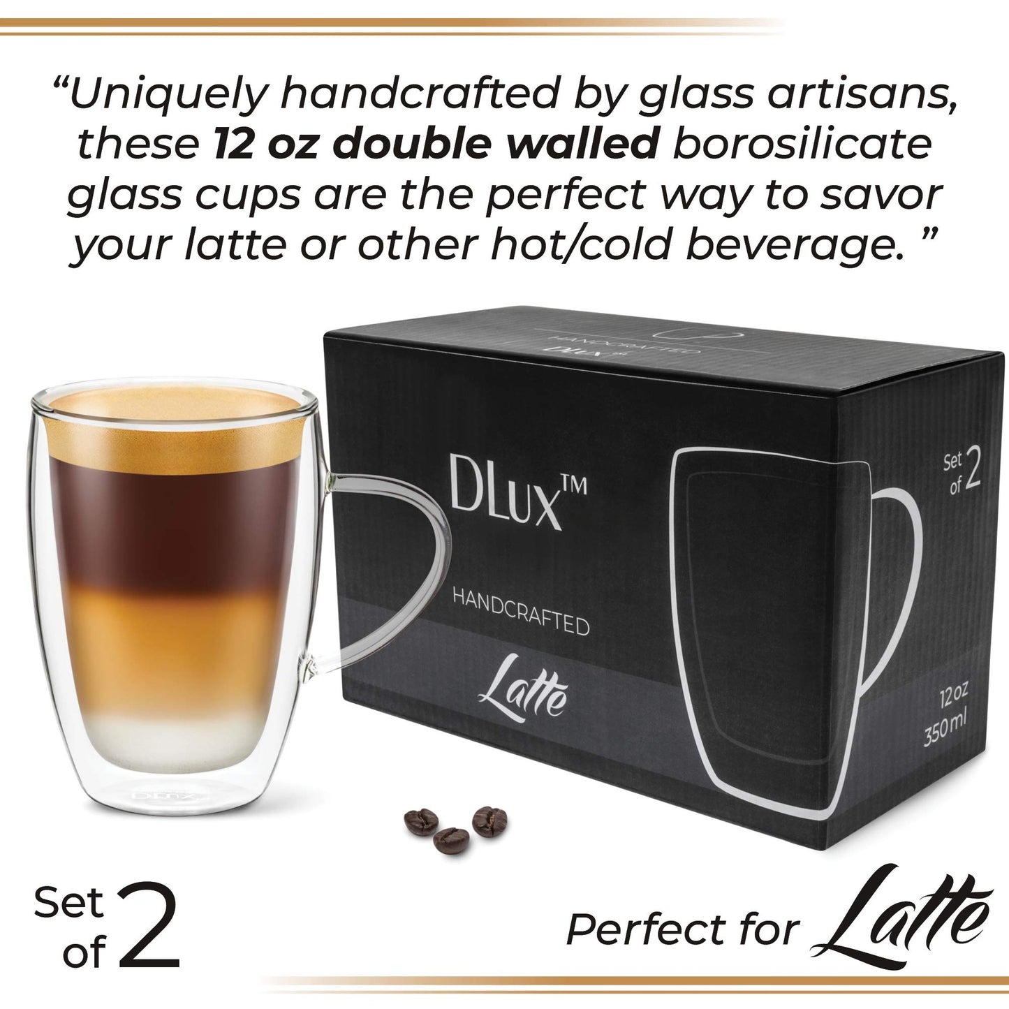 DLux Espresso Coffee Cups 350ml, 12oz Latte Clear Glass Set of 2 Cups with Handles, Double Wall Insulated Borosilicate Glassware Cup - Wine, Tea Glasses