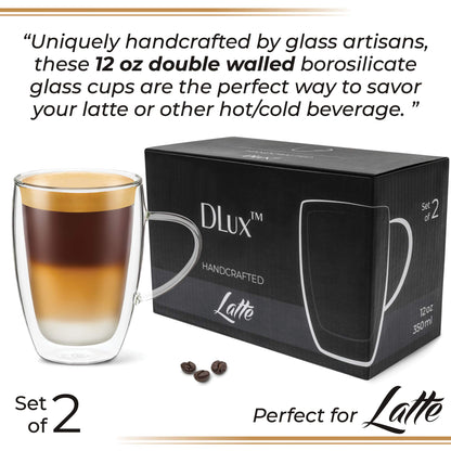 DLux Espresso Coffee Cups 350ml, 12oz Latte Clear Glass Set of 2 Cups with Handles, Double Wall Insulated Borosilicate Glassware Cup - Wine, Tea Glasses