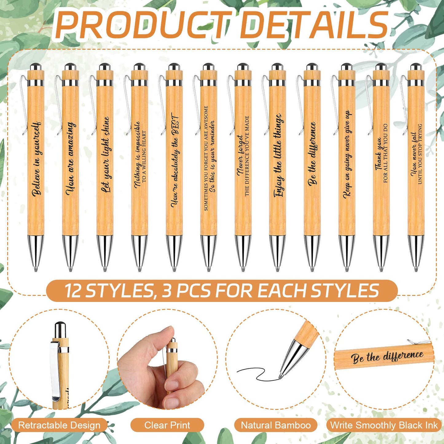 36 Set Employee Appreciation Gifts Thank You Wood Bamboo Pens with Thank You Bookmark Cards Motivational Quote Pen Inspirational Cards for Teacher Coworker Volunteer Nurse Office School Party Supplies