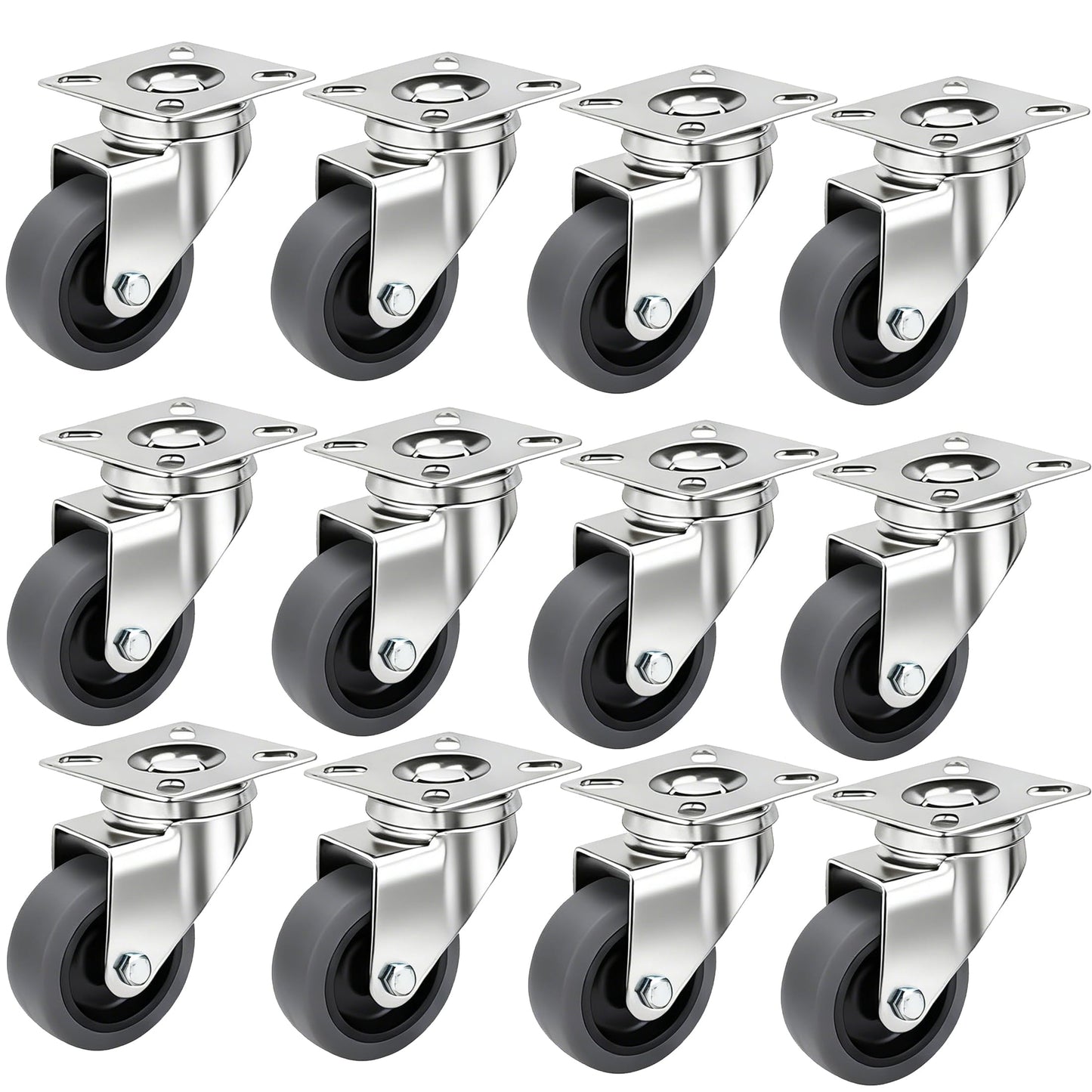 12 Pack 2 Inch Heavy Duty Swivel Caster Wheels, 360 Rotated Plate Wheels, Silent Soft TPR Rolling Castors for Furniture, Utility Carts, Moving Dollies, Shelves, Workshop Equipment