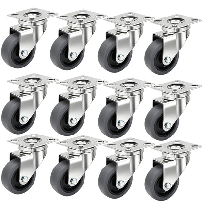 12 Pack 2 Inch Heavy Duty Swivel Caster Wheels, 360 Rotated Plate Wheels, Silent Soft TPR Rolling Castors for Furniture, Utility Carts, Moving Dollies, Shelves, Workshop Equipment