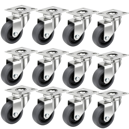 12 Pack 2 Inch Heavy Duty Swivel Caster Wheels, 360 Rotated Plate Wheels, Silent Soft TPR Rolling Castors for Furniture, Utility Carts, Moving Dollies, Shelves, Workshop Equipment