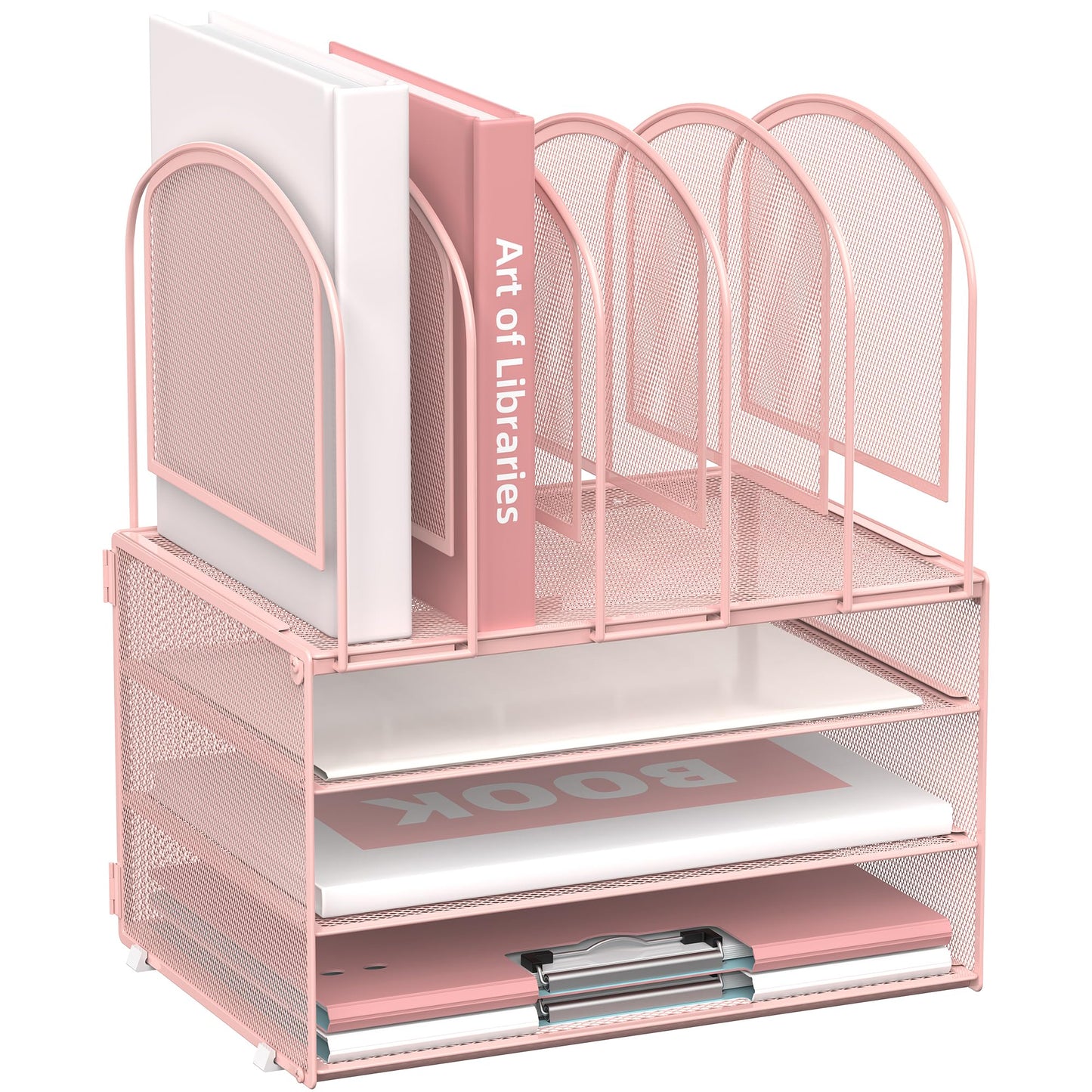 DALTACK Paper Desk Organizer, 3-Tier Letter Tray with 5 Vertical File Holders, Multifunction Desk Organizer, Desktop File Folder Organizer, Desk Organizers and Accessories for Home Office, Pink