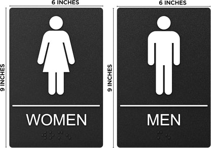 Washroom Sign, Bathroom Signs For Business - Ideal Restroom Sign For Men and Women - 2 Pack - 9" by 6" - ADA Compliant with Braille and Handicap Symbol - Strong Double-Sided Adhesives - Apply to Door or Wall