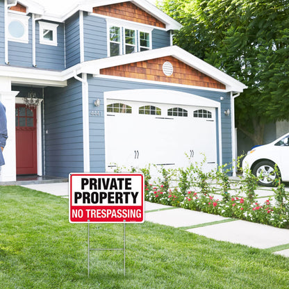 T&R No Trespassing Sign Private Property Sign with H Stake for Outside,3 Pack,12"x8" .040 Rust Free Heavy Aluminum, Waterproof,Includes Matching Screws & Wrench, Easy to Mount