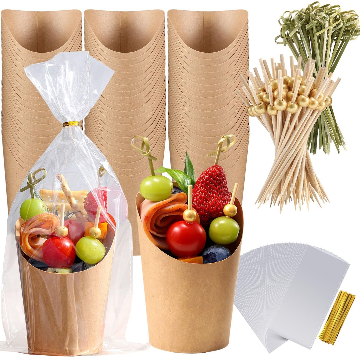 60 Pack Charcuterie Cups with Skewers & Bags, 14 oz Kraft Paper Snack Boxes with Cocktail Picks, Individual French Fry Holder, Appetizer Boards Accessories [60 Cups + 200 Sticks + 60 Bags] Brown