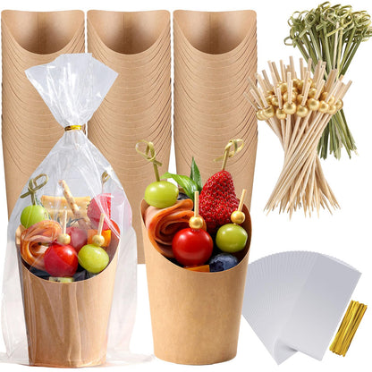 60 Pack Charcuterie Cups with Skewers & Bags, 14 oz Kraft Paper Snack Boxes with Cocktail Picks, Individual French Fry Holder, Appetizer Boards Accessories [60 Cups + 200 Sticks + 60 Bags] Brown