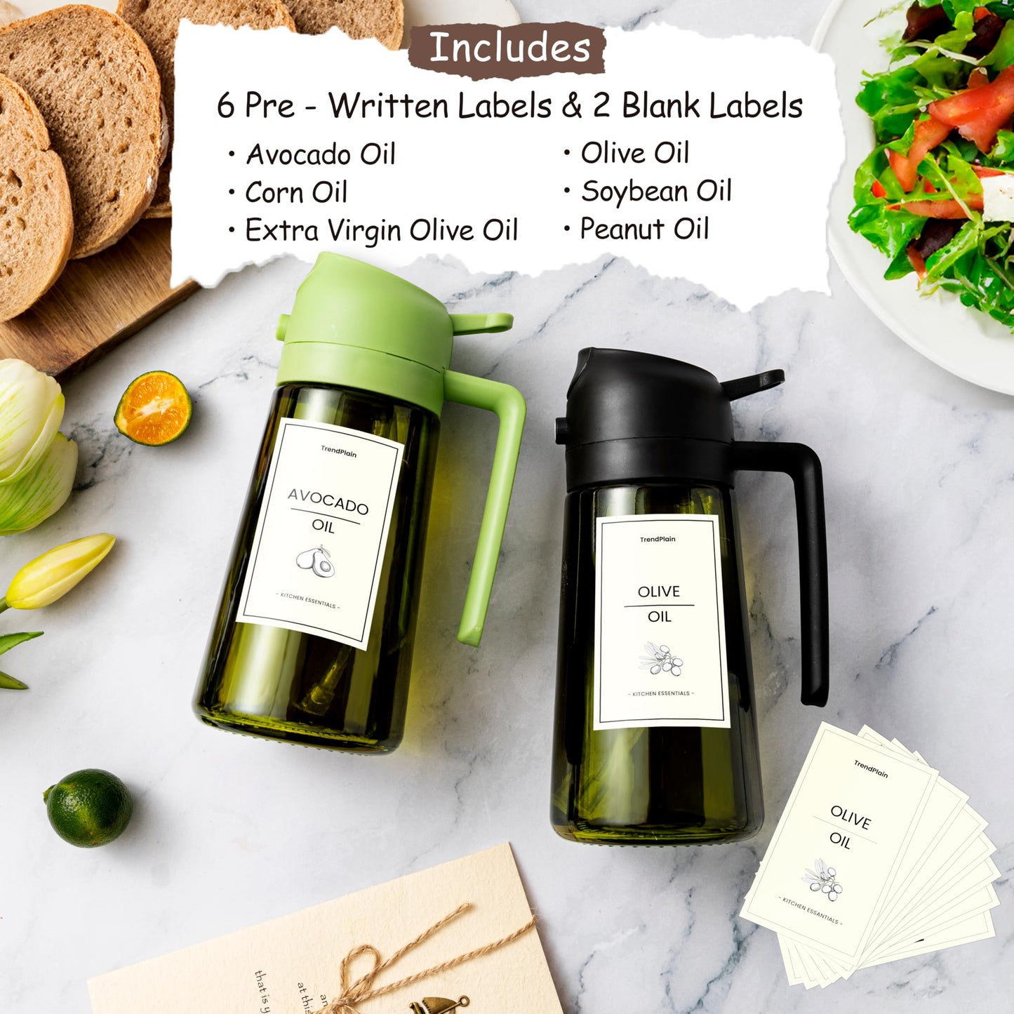 TrendPlain 470ml Olive Oil Dispenser Bottle for Kitchen Gadgets - 2 in 1 Dispenser and Sprayer - Olive Oil Spray Bottle w/Stickers (Light Blockage) - BPA Free - Black&Green