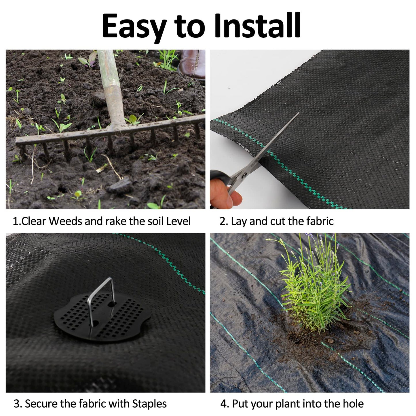 automoris 3ft*50ft Garden Weed Barrier Landscape Fabric, 3.2oz Woven Heavy Duty Garden Ground Cover, Weed Fabric Gardening Mat with 20 U-Shaped Securing Pegs+20 Gasket for Flower Bed