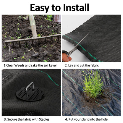 automoris 3ft*50ft Garden Weed Barrier Landscape Fabric, 3.2oz Woven Heavy Duty Garden Ground Cover, Weed Fabric Gardening Mat with 20 U-Shaped Securing Pegs+20 Gasket for Flower Bed