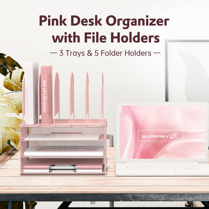 DALTACK Paper Desk Organizer, 3-Tier Letter Tray with 5 Vertical File Holders, Multifunction Desk Organizer, Desktop File Folder Organizer, Desk Organizers and Accessories for Home Office, Pink