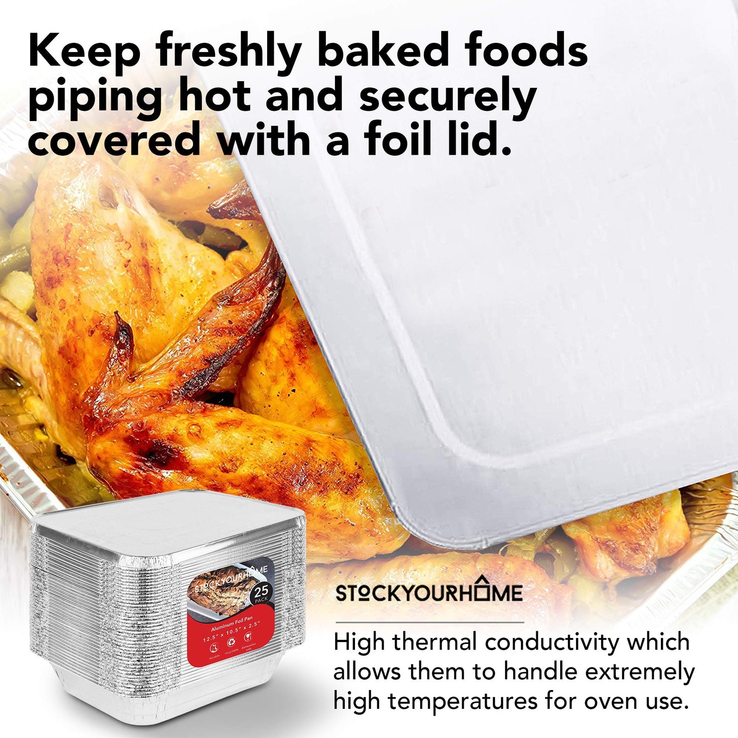 Disposable Aluminum Pans with Lids 9x13 (25 Pans and 25 Lids), Food Containers for Baking, Cooking, Heating, Storing and Prepping
