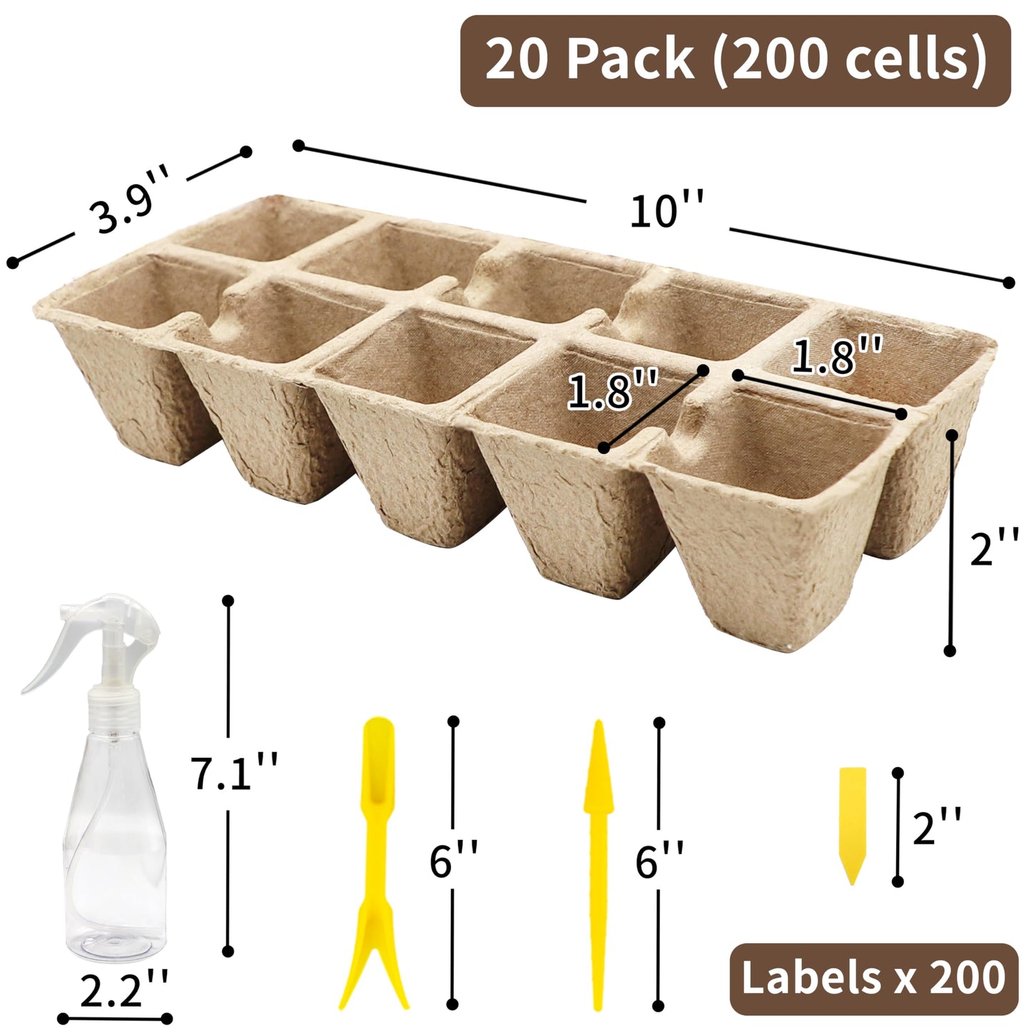 SORANGEUN Biodegradable Seed Starter Trays Kit – 20 Pack with 200 Labels, Transplant Tool & Spray Bottle, 1.8" Square Peat Pots for Seedlings, Vegetables, Herbs – Eco-Friendly Planting Set