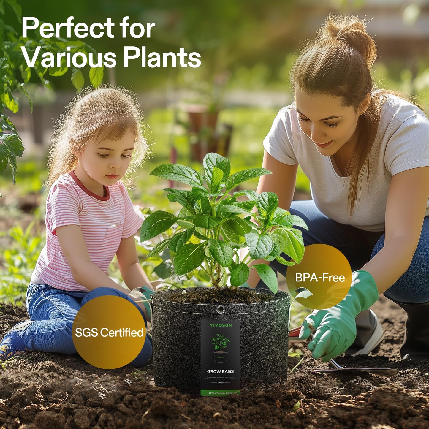 VIVOSUN 5-Pack 7 Gallon Grow Bags, 500G Thick Nonwoven Fabric Pots with Strap Handles, Multi-Purpose Rings, for Low Stress Plant Training Fruits, Vegetables, and Flowers