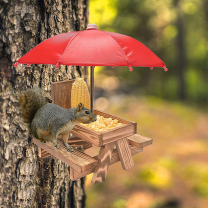 Squirrel Feeder Picnic Table with Umbrella and Corn Cob Holder, New Premium Gift for Squirrel and Chipmunk Lovers, Outdoor Garden Ornaments for Chipmunk Wildlife Bird Animal Bench Feeder