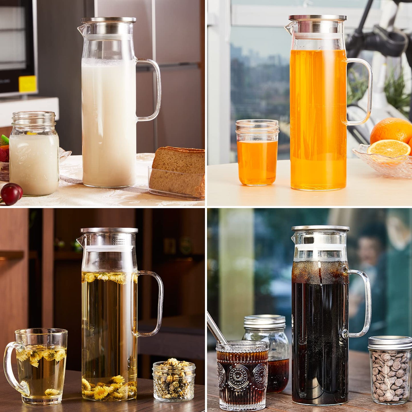 Yirilan Glass Pitcher,1.5 L Water Pitcher with Lid,Juice Pitcher,Glass Water Jug,Water Carafe,Juice Jug