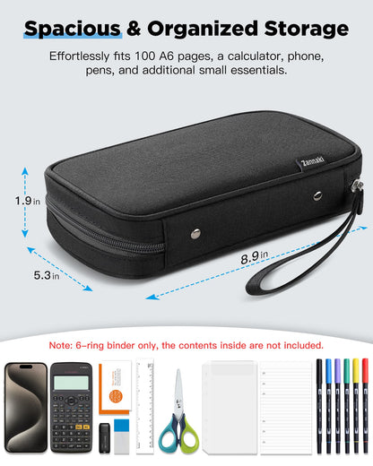 Zannaki A6 Zipper Binder, 6 Ring Personal Planner Journal Budget Binder Cover Case, Refillable Notebook Shell for Cash Envelope Loose Leaf Filler Paper Organizer Portable School Office Supplies, Black