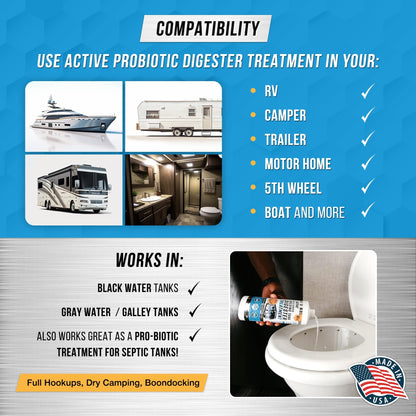RV Black Tank Treatment Toilet Chemicals - 16 Treatments Waste Digester for Holding Tank, Gray Water Tank in RVs, Campers & Boat - Camper Toilet Sensor Cleaner, Sewer Deodorizer, 32oz - Made in USA