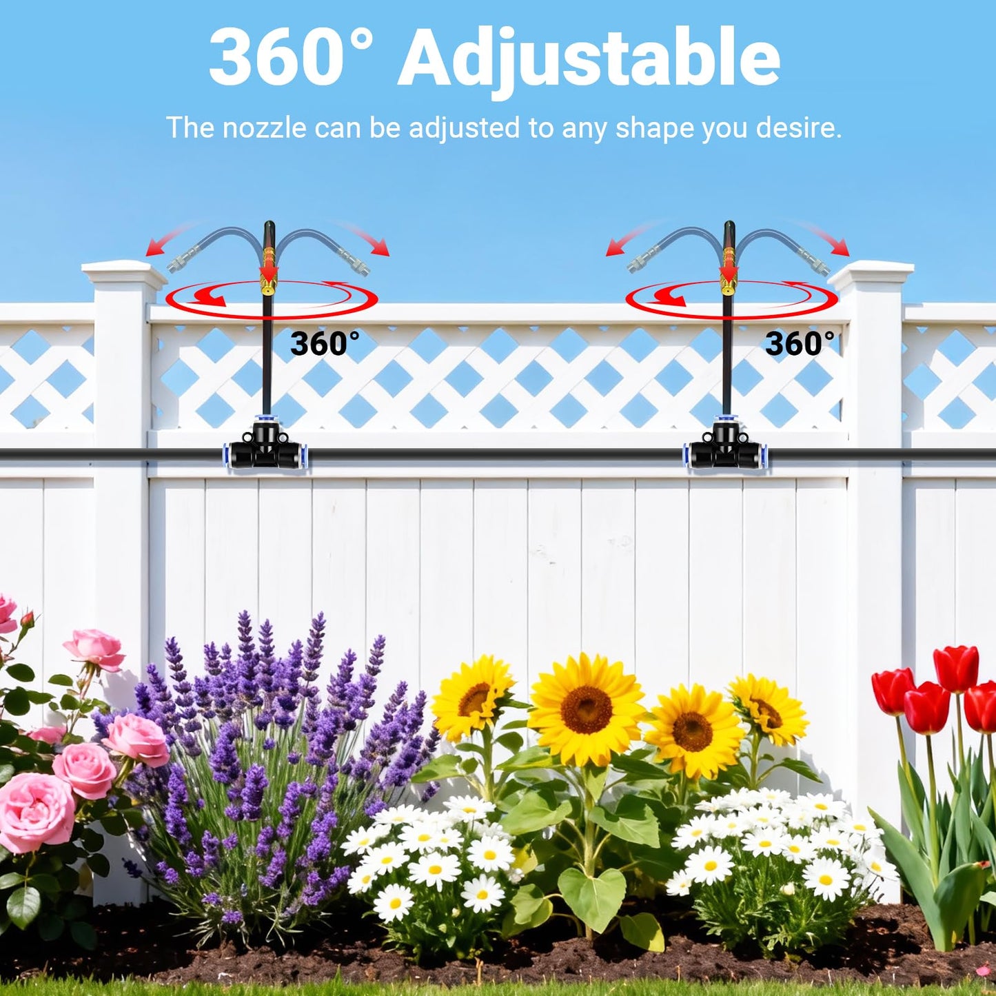 Thiswing 360° Adjustable Drip Irrigation System - Compatible 1/4" Irrigation System, 50FT Garden Watering Atomizing System with 15 Nozzles, Greenhouse Accessories for Yard, Lawn, Plants, Garden