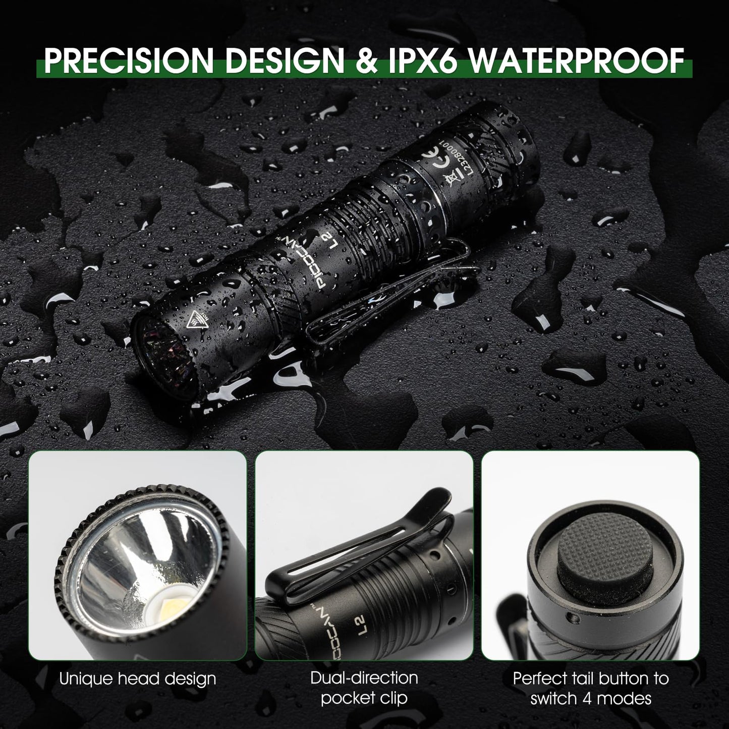 PIOOCAN Flashlight Rechargeable 1200 Lumens EDC Flashlight, Lampe De Poche Rechargeable Flashlights with Clip, Super Bright Small Flashlight with 4 Modes for Camping, Outdoor, and Emergency (Black)