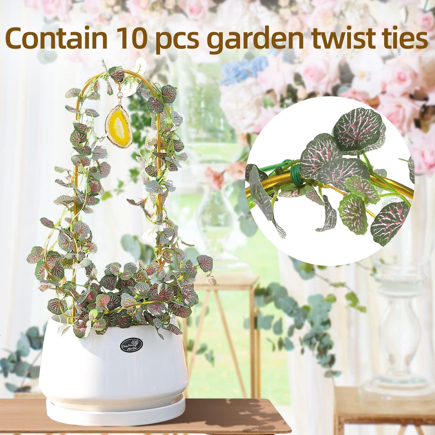 Ceiner 2PCS Small Gold Trellis for Climbing Plants Indoor, Mini Metal Houseplant Climber Support for Potted Plants, Boho Decorative Pot Lattice with Agate for Hoya, Pothos, Ivy, Philodendron