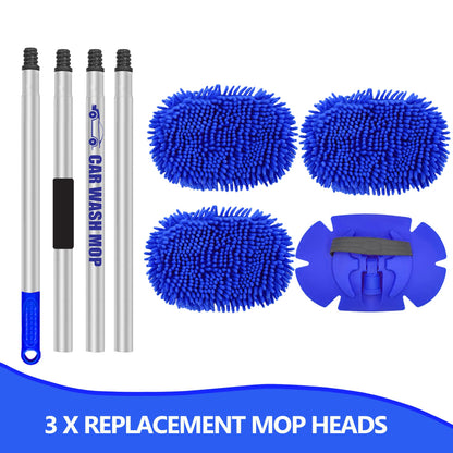 160cm 63" Car Wash Brush with Telescopic Long Handle 2 in 1 Microfiber Truck Cleaning Mop RV Trailer Windshield Vehicle Interior Exterior Detailing Kit Soft Duster Scratch Free (3 X Mop Head)