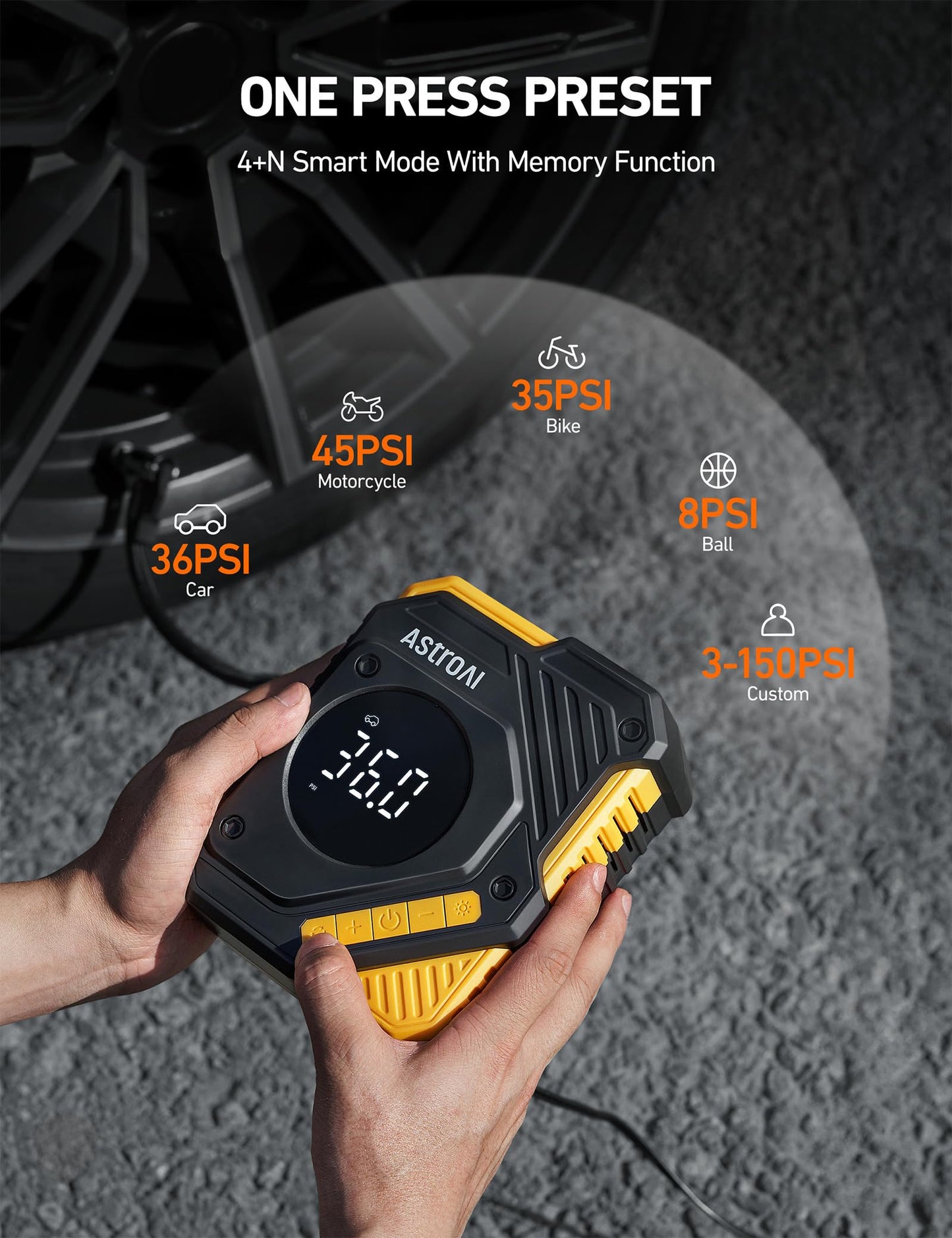 AstroAI Car Tire Inflator Air Compressor 12V DC, 150 PSI Digital Tire Pump with Pressure Gauge, Large LCD Display, Smart Preset & Auto Stop, for Car, Motorcycle, Bike Tires