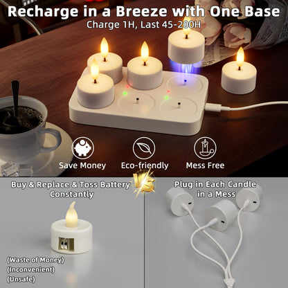 Rechargeable Flameless Tea Lights Candles Battery Operated Remote Control Tea Lights with Timer LED Tealight Candles with Charging Base Votive Candle for Flickering Christmas Halloween Table 6 Pcs