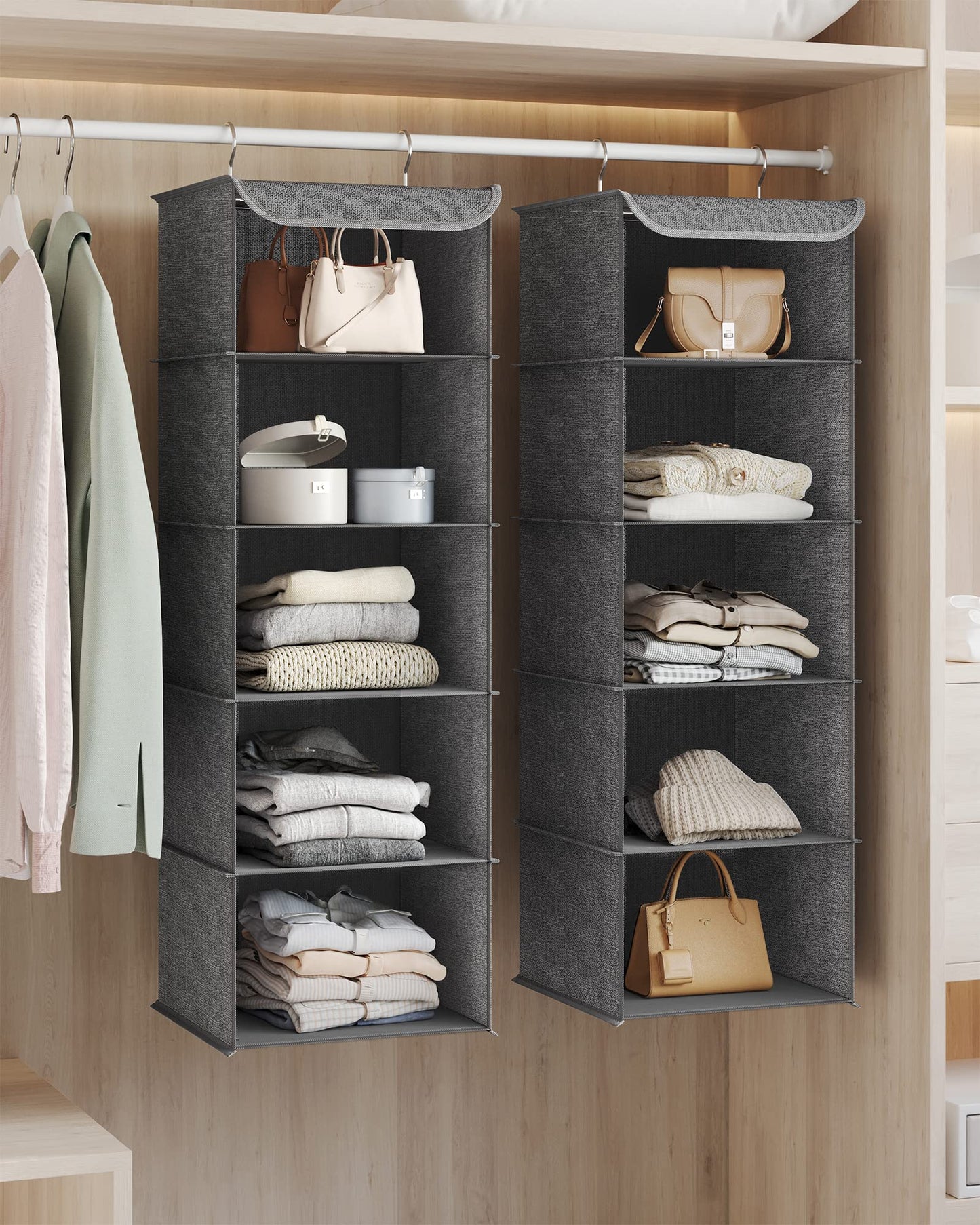 SONGMICS Hanging Closet Organizer, Set of 2, Hanging Storage Shelves, Space-Saving and Foldable, Metal Hooks and Bamboo Inserts, Gray