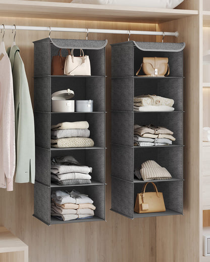 SONGMICS Hanging Closet Organizer, Set of 2, Hanging Storage Shelves, Space-Saving and Foldable, Metal Hooks and Bamboo Inserts, Gray
