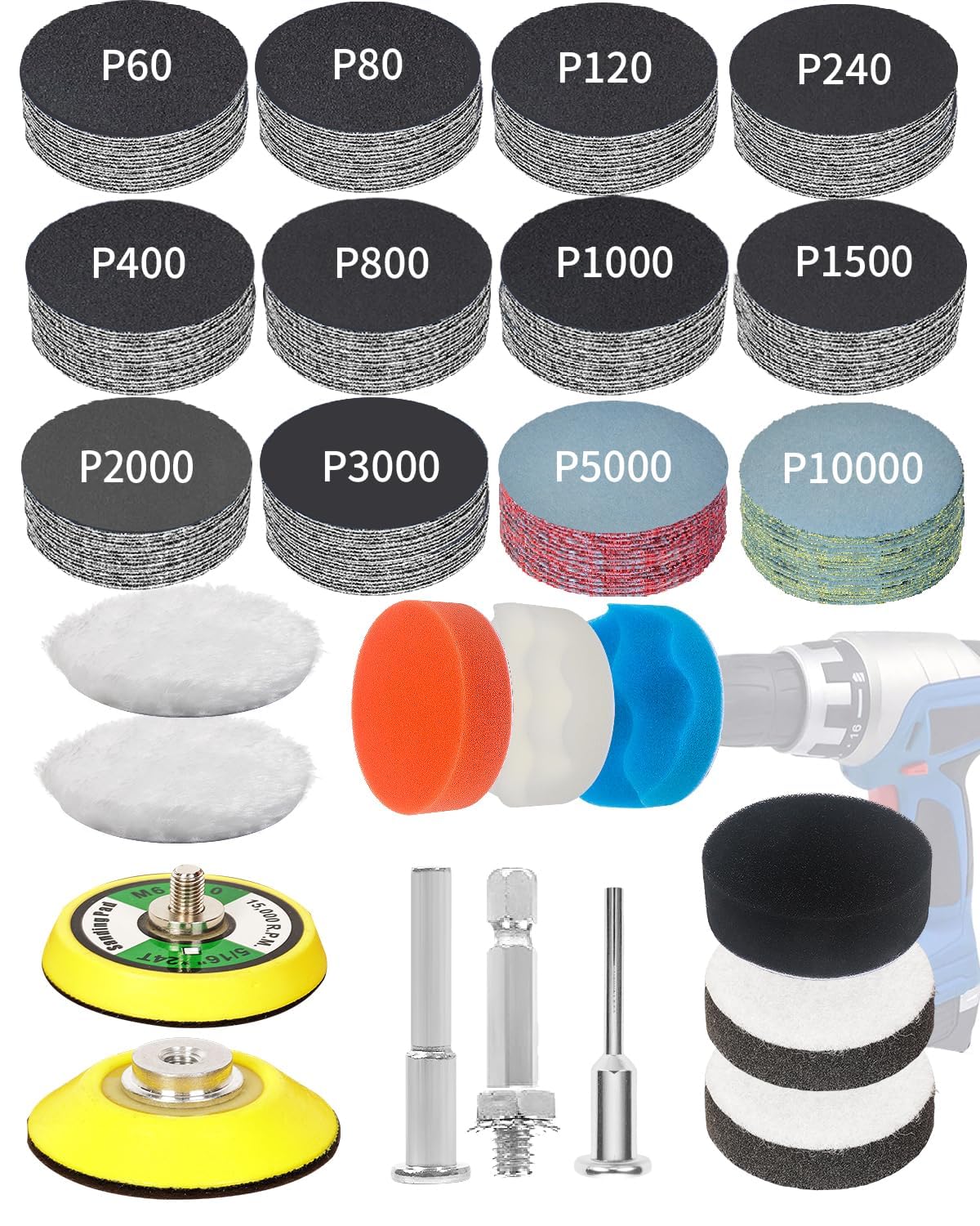 2 Inch Sanding Discs Drill Polishing Kit, 193PCS Hook & Loop Wet Dry Buffing Pads, Car Headlight Restoration Kit for Dremel Rotary Tools Sanding Bits Attachment for Aluminum Resin Metal Glass